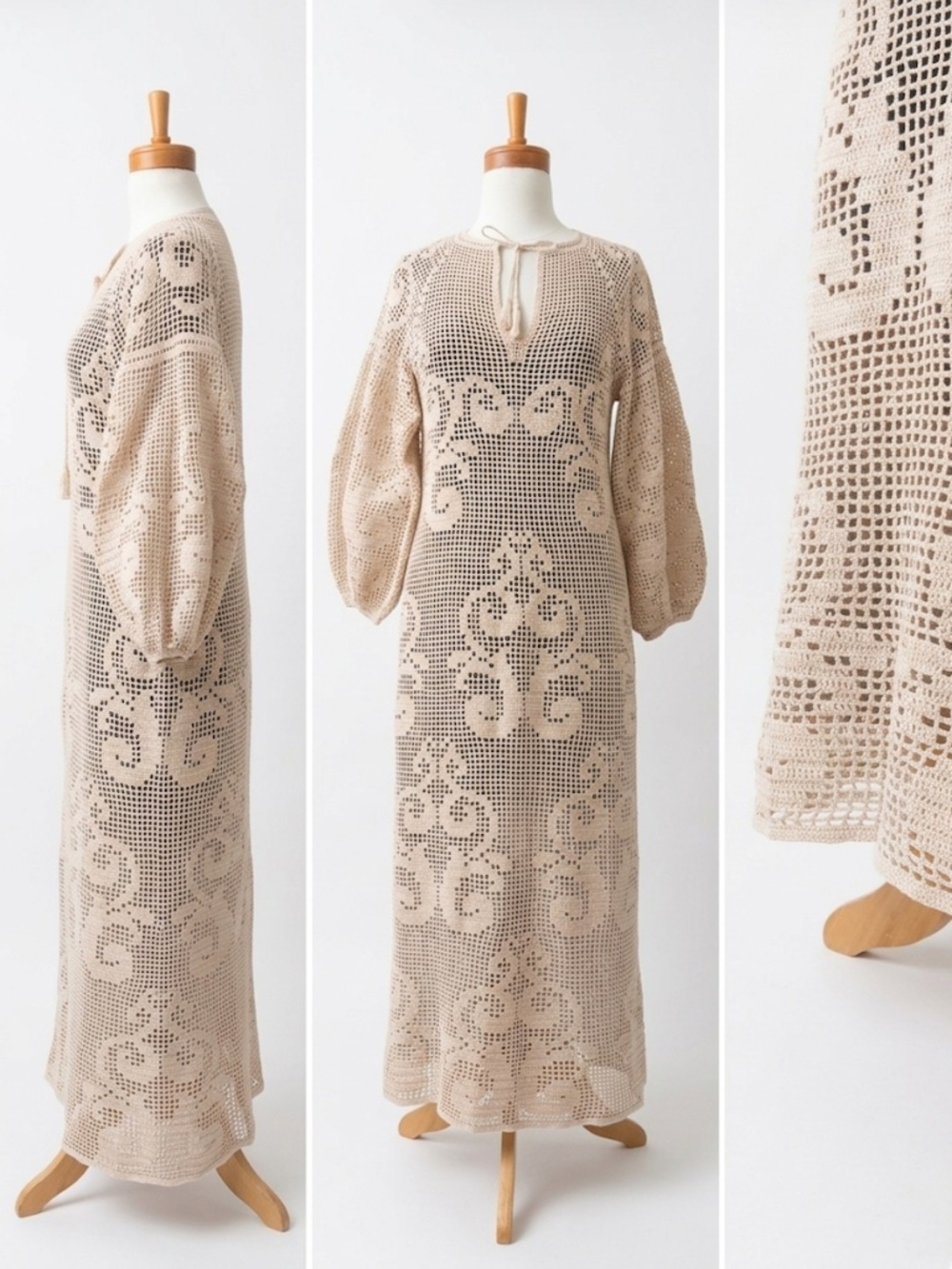Crochet Maxi Dress with Puff Sleeves | Bohemian Lace Dress | Hand-Crocheted